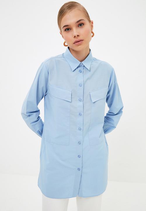 Trendyol - Longer length double pocket shirt - blue