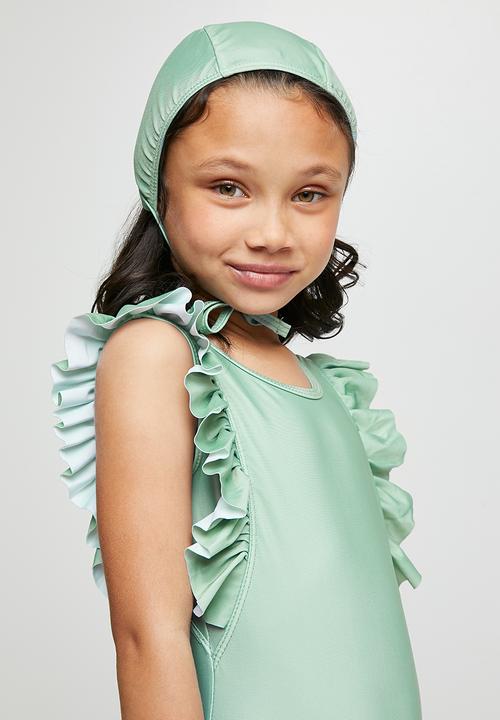 Pop Candy - Girls ruffle swimsuit and cap - green