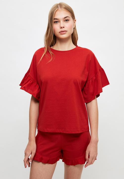 Trendyol - Frilly sleeves knitted pajamas set - red