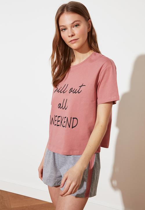 Trendyol - Printed knitted pajamas set - pink & grey 