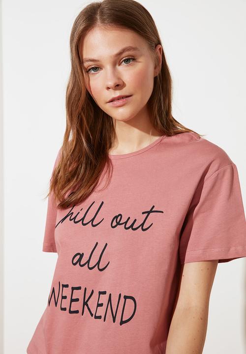 Trendyol - Printed knitted pajamas set - pink & grey 
