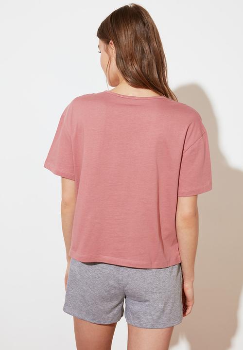Trendyol - Printed knitted pajamas set - pink & grey 