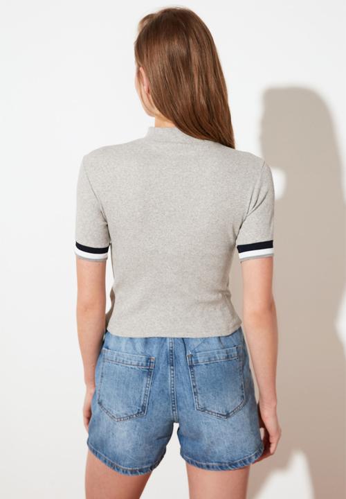 Trendyol - Zipper corduroy knitted blouse - grey