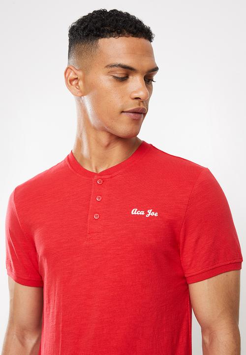 Aca Joe - Grandpa collar flock print henley - red