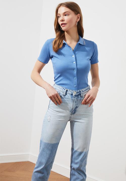Trendyol - Polo corduroy knitted top  - blue