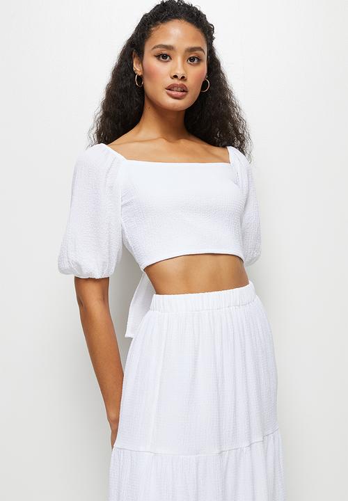 MILLA - Textured tie back crop top - white