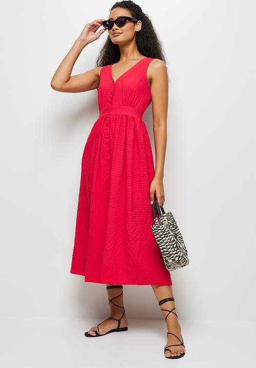 edit - Textured button down midaxi - red