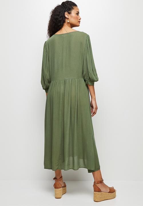 edit - Crinkle balloon slv a-line midi dress - fatigue