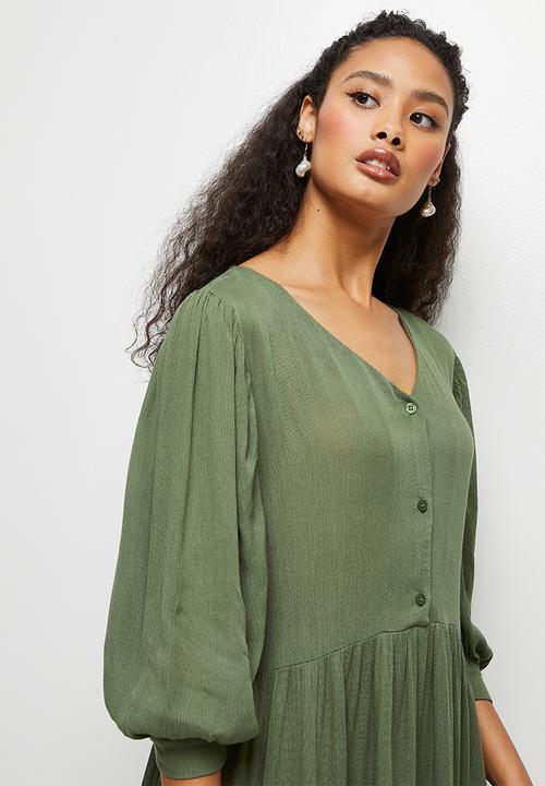 edit - Crinkle balloon slv a-line midi dress - fatigue