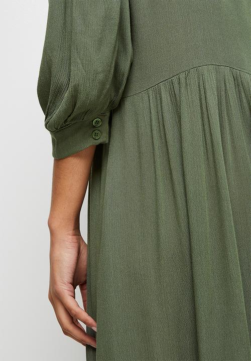 edit - Crinkle balloon slv a-line midi dress - fatigue