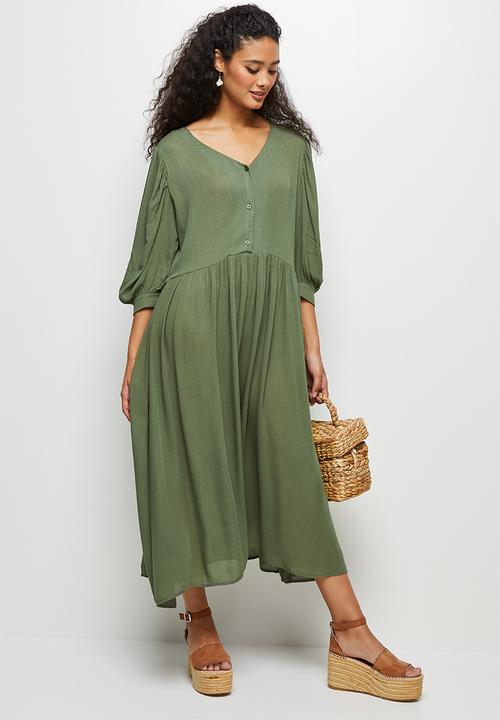 edit - Crinkle balloon slv a-line midi dress - fatigue