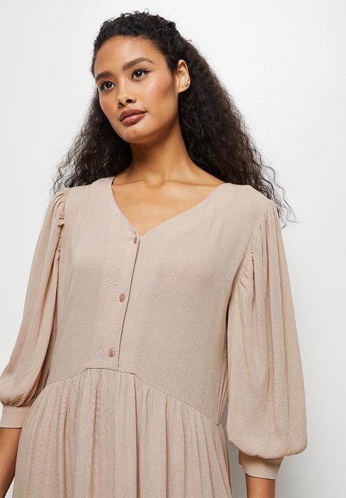 edit - Crinkle balloon slv a-line midi dress - taupe