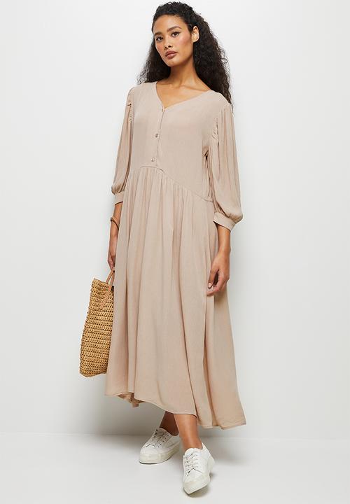 edit - Crinkle balloon slv a-line midi dress - taupe