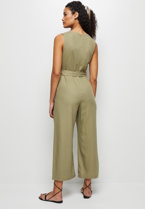 edit - Linen v-neck loose jumpsuit - khaki