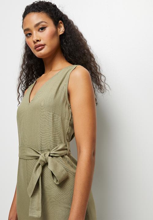 edit - Linen v-neck loose jumpsuit - khaki