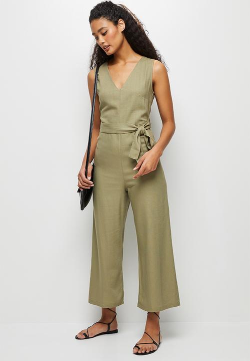 edit - Linen v-neck loose jumpsuit - khaki