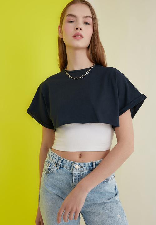 Trendyol - Super crop knitted T-shirt - navy