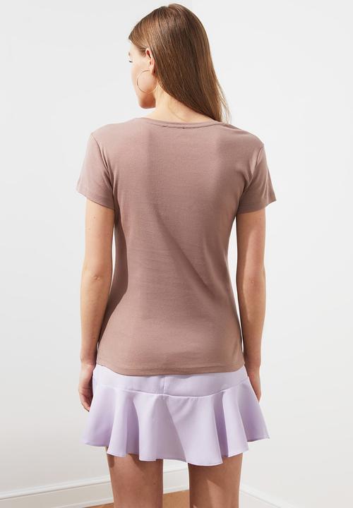 Trendyol - 100% cotton rib pool collar basic knitted t-shirt - mink