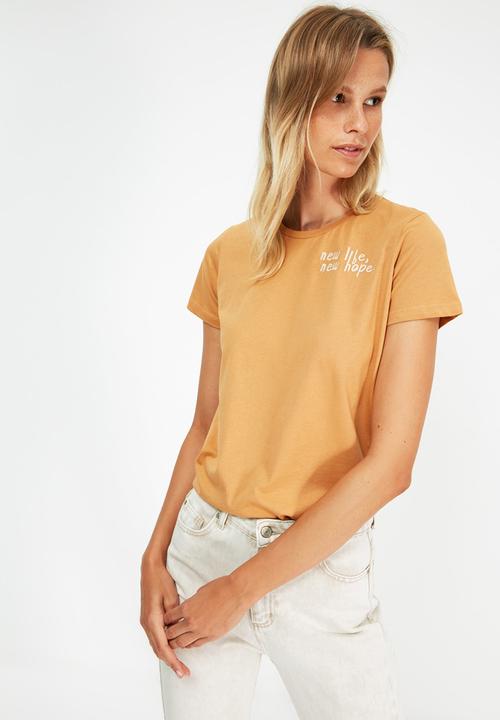 Trendyol - 100% Organic cotton embroidered basic knitted T-shirt - cinnamon
