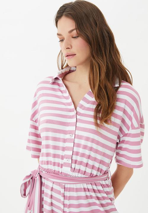 Trendyol - Striped knitted playsuit - pink & white 