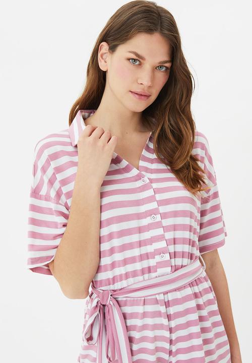 Trendyol - Striped knitted playsuit - pink & white 