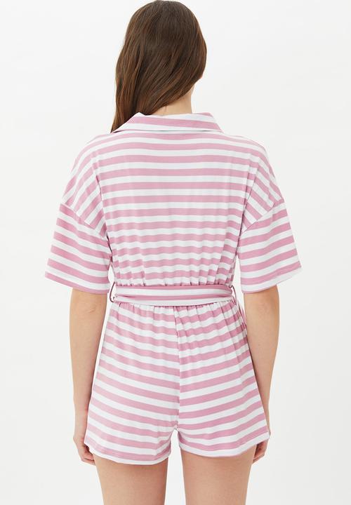Trendyol - Striped knitted playsuit - pink & white 