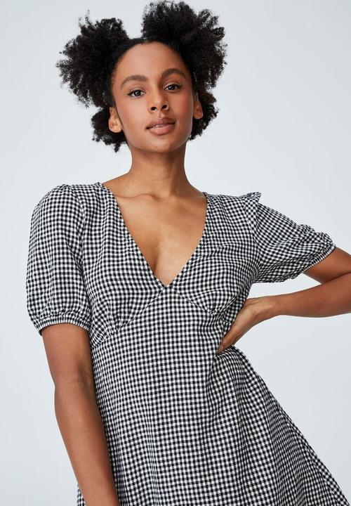 Cotton On - Woven edie v-neck mini dress - kayla micro gingham black