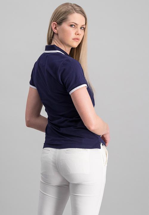 Aca Joe - Ladies aca joe high square round logo & tipped collar golfer - navy