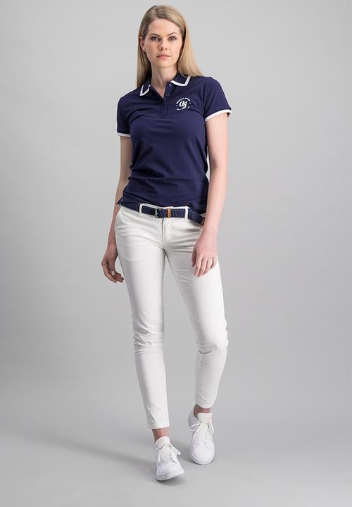 Aca Joe - Ladies aca joe high square round logo & tipped collar golfer - navy
