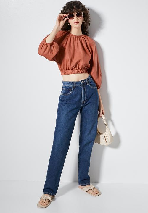 VELVET - Open back elasticated hem blouse - brick