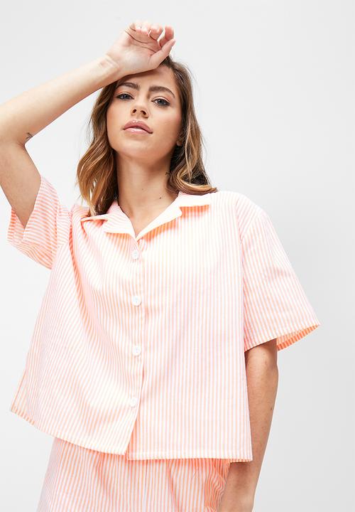 Blake - Printed button down sleep set - peach & white 