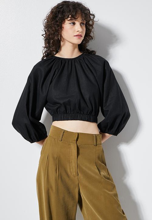 VELVET - Open back elasticated hem blouse - black