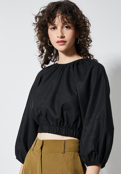 VELVET - Open back elasticated hem blouse - black