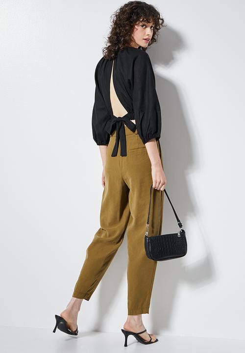 VELVET - Open back elasticated hem blouse - black