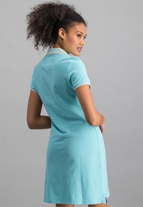 Aca Joe - Ladies aca joe chest emb & striped collar dress - aqua