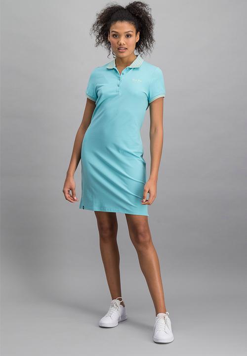 Aca Joe - Ladies aca joe chest emb & striped collar dress - aqua