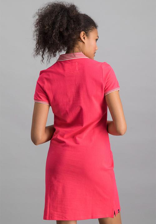 Aca Joe - Ladies aca joe chest emb & striped collar dress - coral red