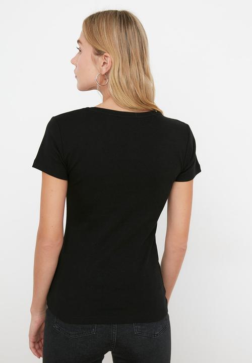 Trendyol - 100% cotton v-neck basic knitted t-shirt - black