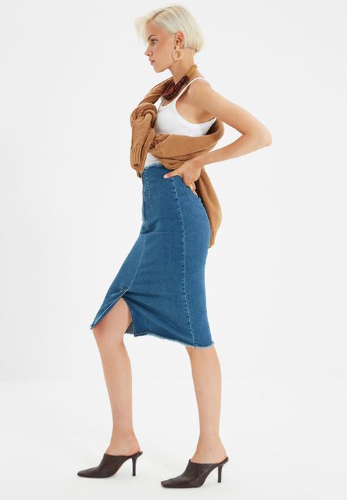 Trendyol - Zip detail denim midi skirt - blue