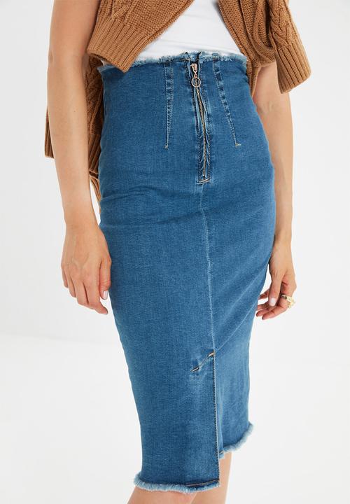 Trendyol - Zip detail denim midi skirt - blue
