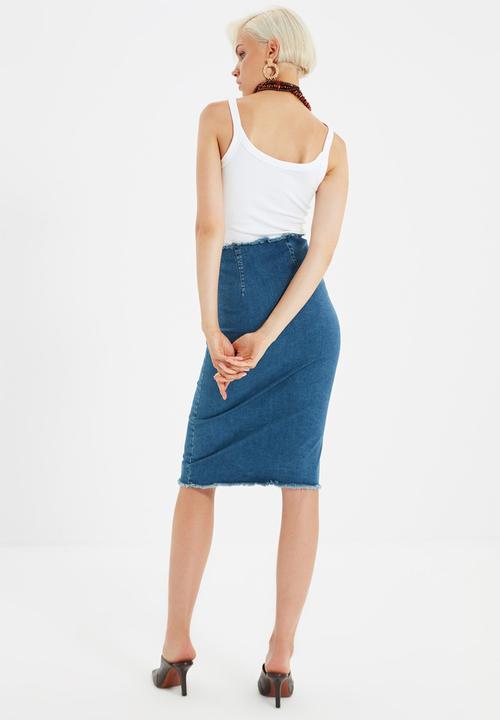 Trendyol - Zip detail denim midi skirt - blue