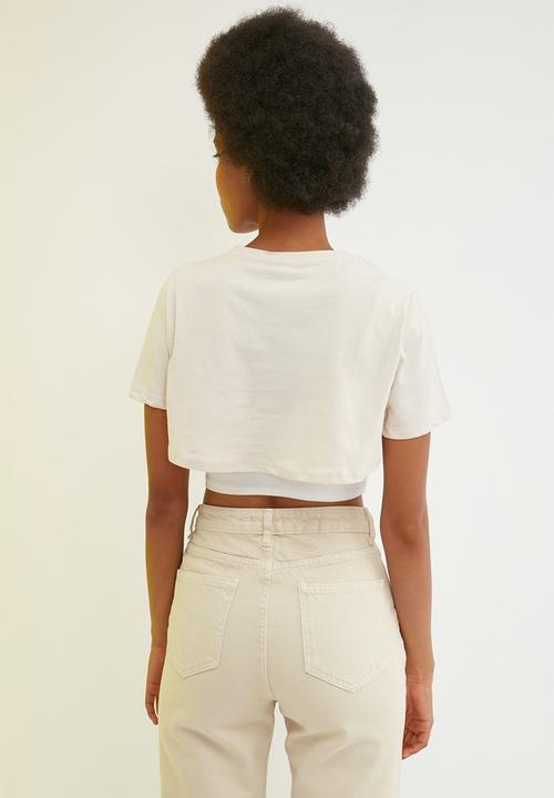Trendyol - Printed crop knitted t-shirt - stone