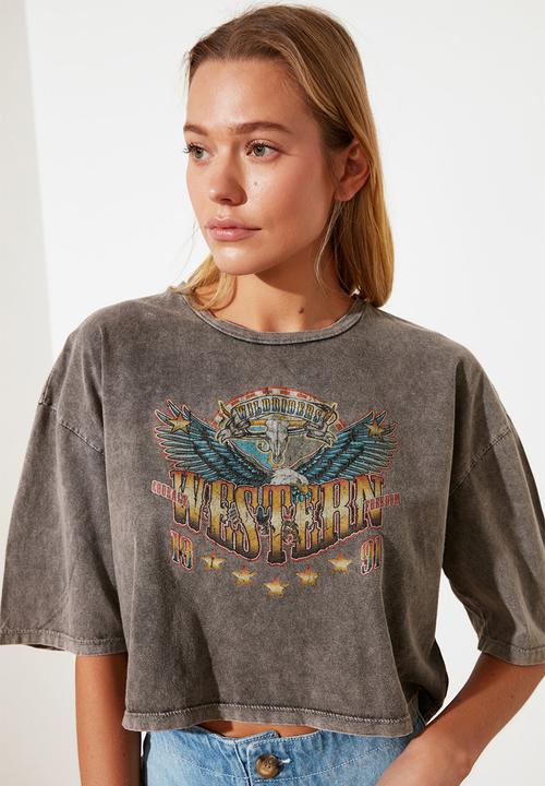 Trendyol - Washed loose printed crop t-shirt - anthracite