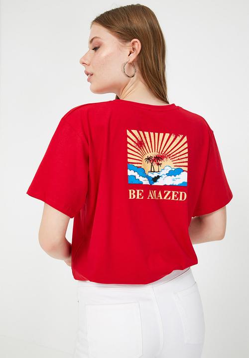 Trendyol - Back printed boyfriend knitted t-shirt - red