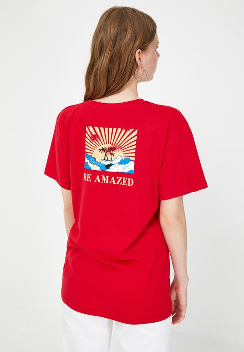 Trendyol - Back printed boyfriend knitted t-shirt - red