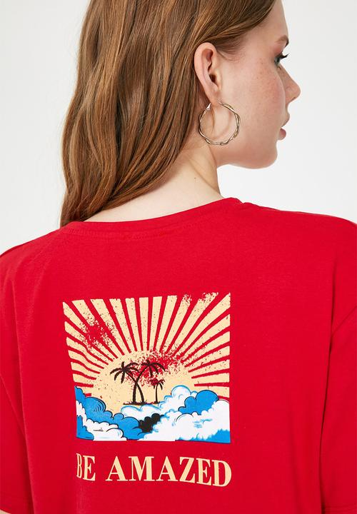 Trendyol - Back printed boyfriend knitted t-shirt - red