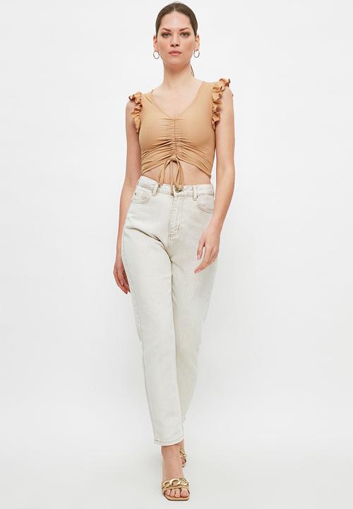 Trendyol - Pleated ribbed crop knit top - camel