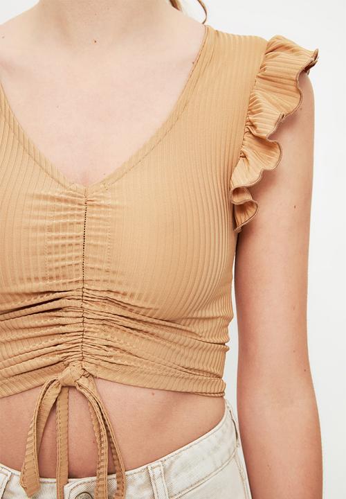 Trendyol - Pleated ribbed crop knit top - camel
