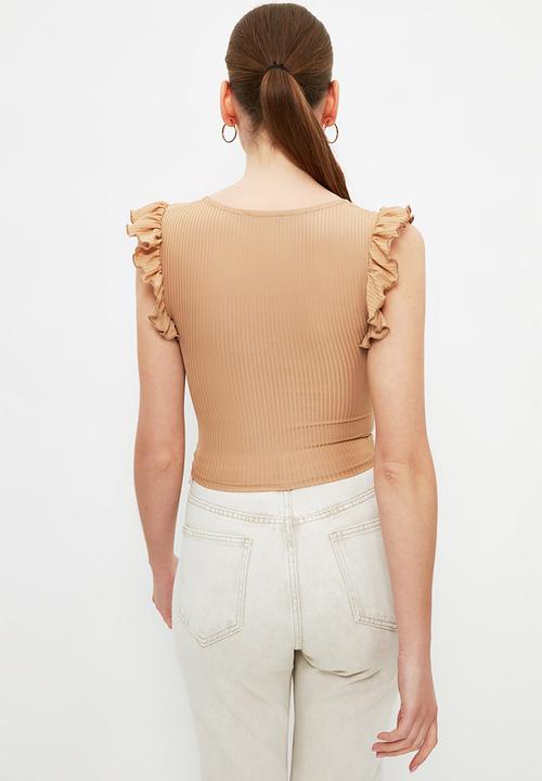 Trendyol - Pleated ribbed crop knit top - camel