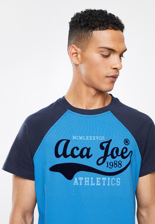 Aca Joe - Flock printed raglan tee - blue 